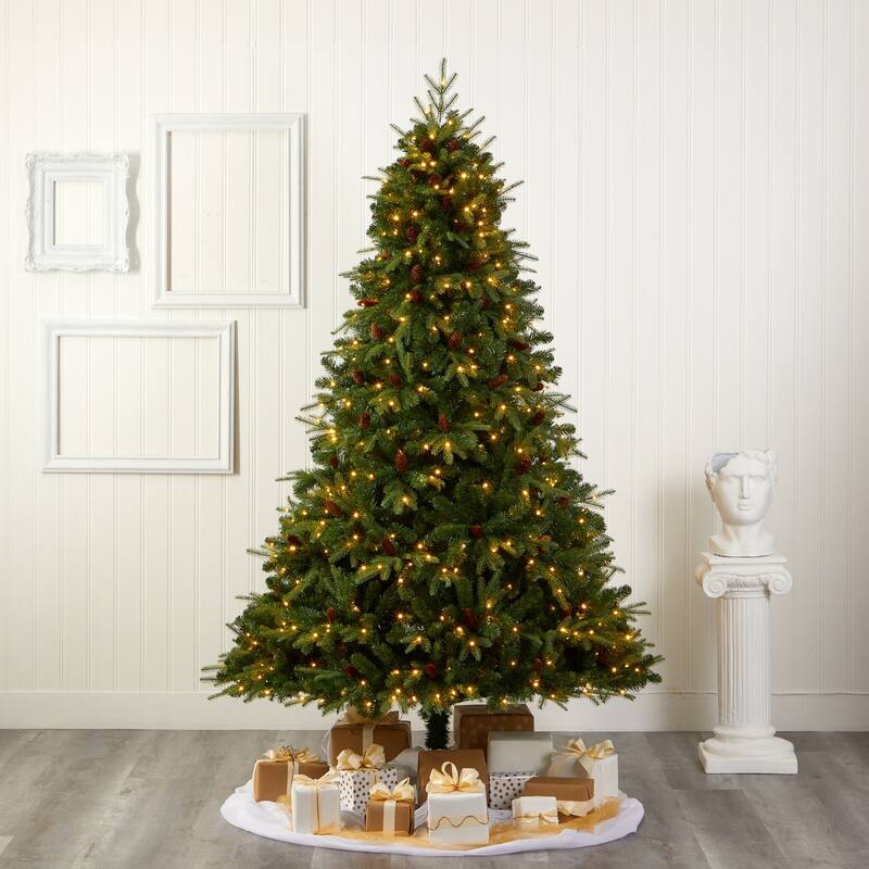 8ft Artificial Christmas Tree with Lights - Wellington Spruce Holiday Decor, Clear Lights, Pine Cones, Large Tree - Green - 96
