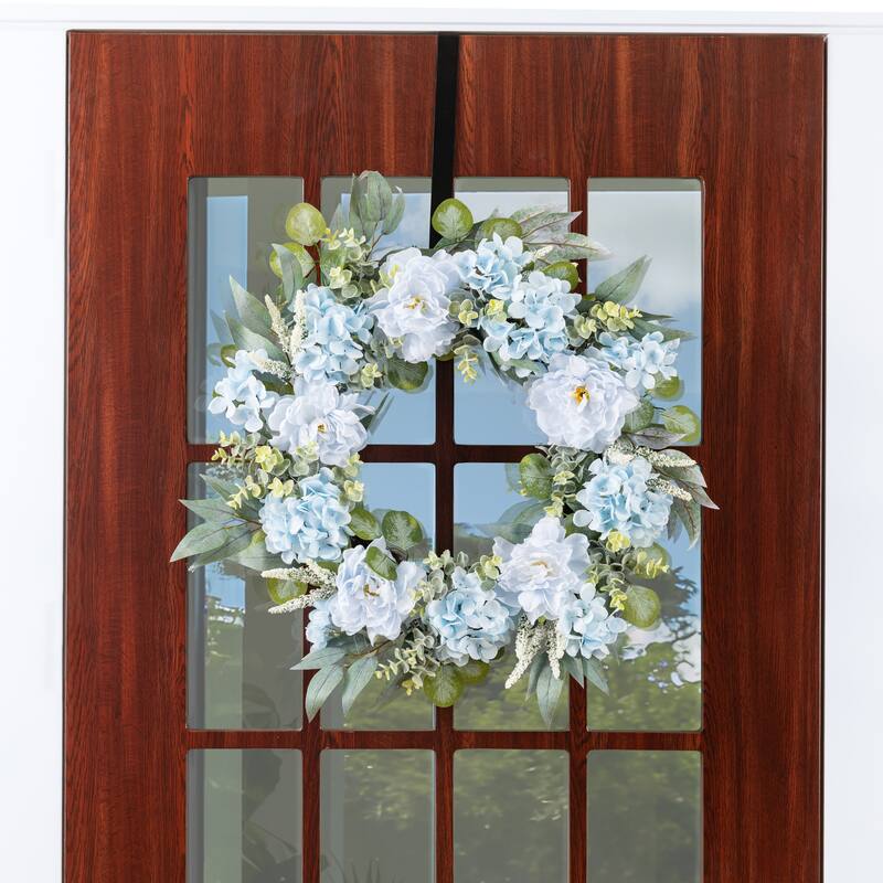 Glitzhome 18"H Blue Peony & Hydrangea with Ceramic Vase Centerpiece