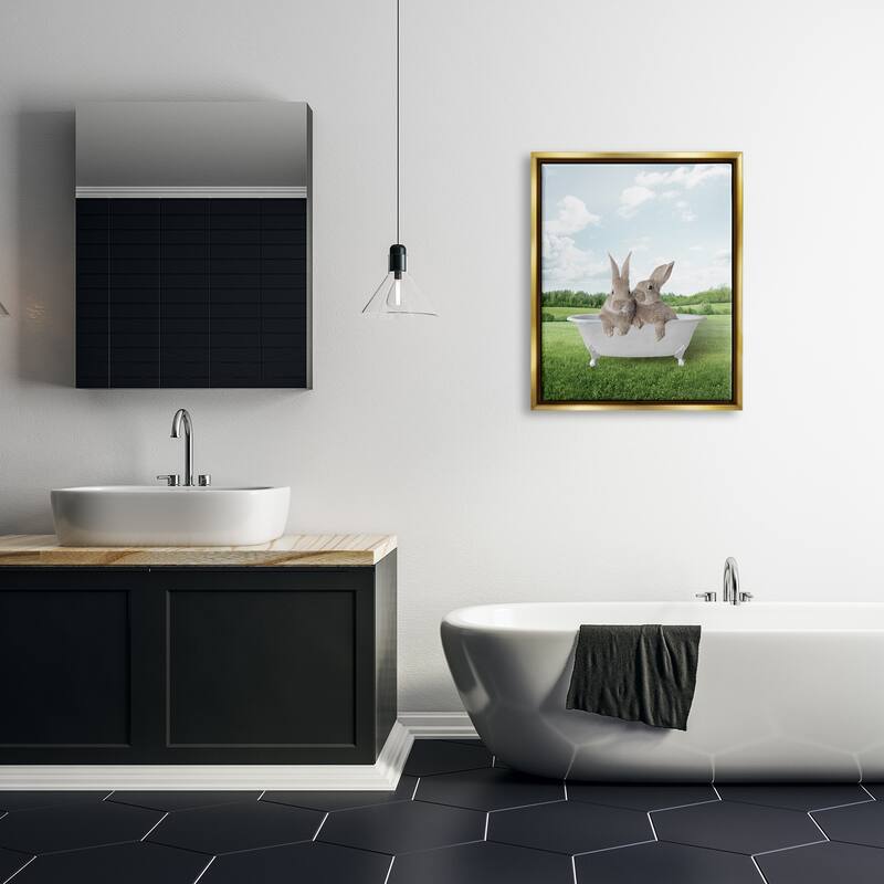 Stupell Bunnies in Tub Landscape Framed Floater Canvas Wall Art Design by Lettered and Lined