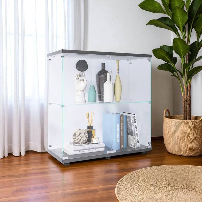 2-Tier Glass Display Cabinet with Double Doors and Lock, Tempered Glass Showcase with MDF Base