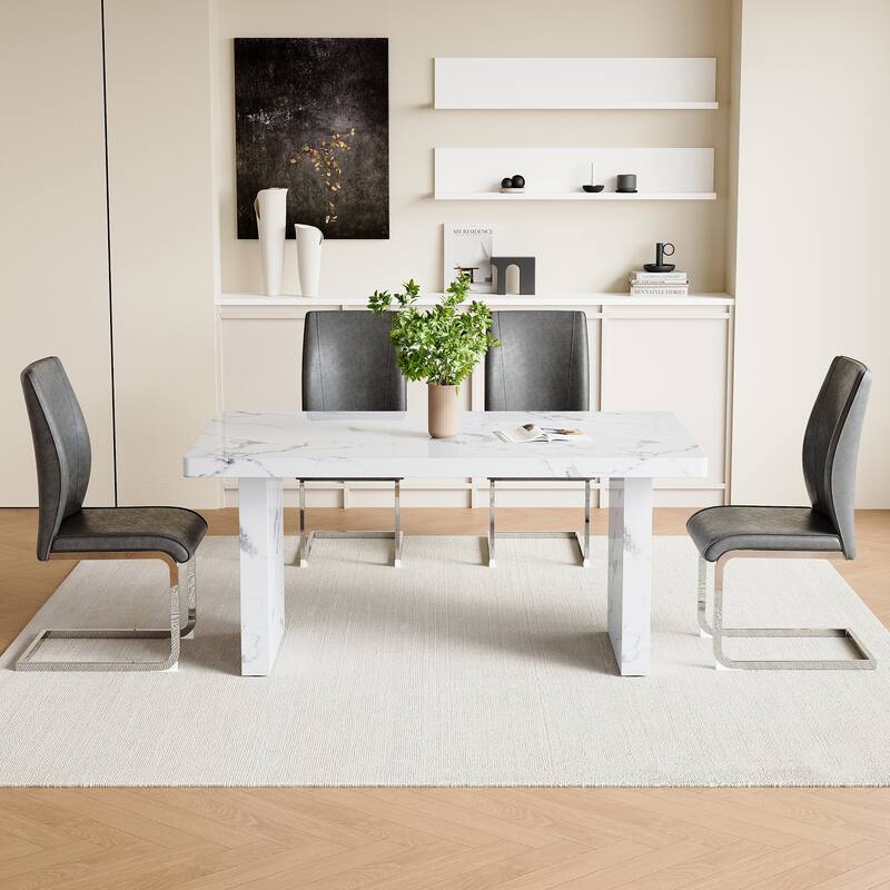 5 Piece Rectangular Dining Table Set, Modern 63" Imitation Marble Dining Table w/ 4 PU Upholstered Chair for Kitchen