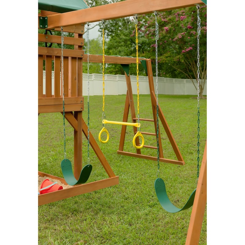 Mountain View Swing Set with Tarp Roof, Climbing Wall, Monkey Bars