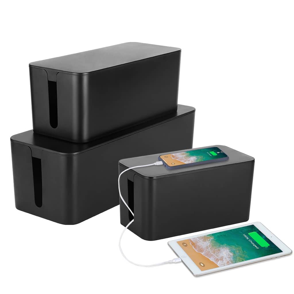 3 Pack Cable Organizer Box Hidden Storage with Lid Chargers & Wires