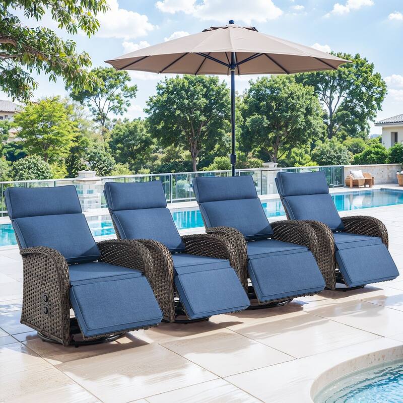 Pocassy 4PCS Versatile Outdoor Recliner Chair with Blue Cushion - Blue Cushion