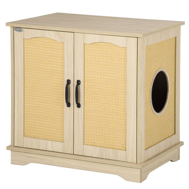 PawHut 3-in-1 Cat Litter Box Furniture Hidden, Cat Cabinet Bed, End Table with Rattan, Kitty Bed with Plush Foam Cushion - Yellow