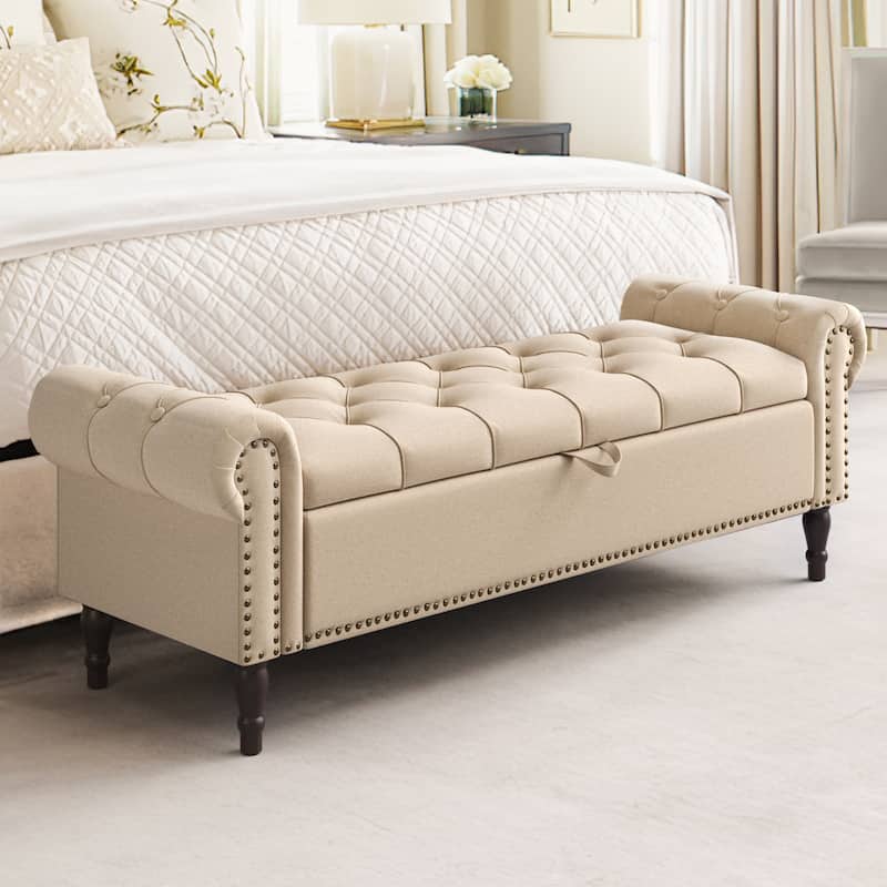 Modern Velvet Upholstered Storage Bench with Silver Nailhead Trim - 63" W X 20" D X 21" H - Linen/63"