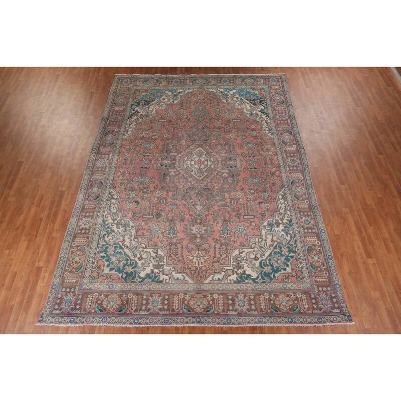 Tabriz Vintage Persian Rug Hand-Knotted Pink Geometric Wool Carpet - 9'9" x 13'4"