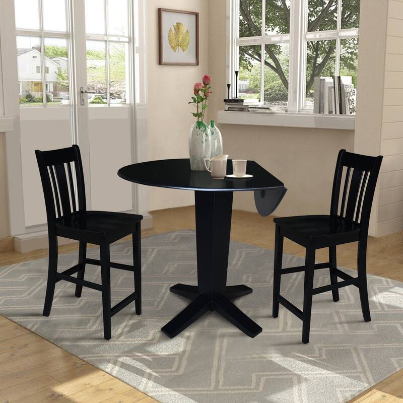 42 in Solid Wood Round Drop Leaf Counter Height Dining Table with Stools in Black