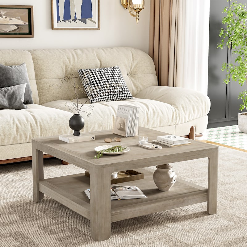 Square Coffee Table with Open Storage Shelf, Double-Tier Wooden Center Table for Living Room/Office, Classic Cocktail Table - Grey Ash