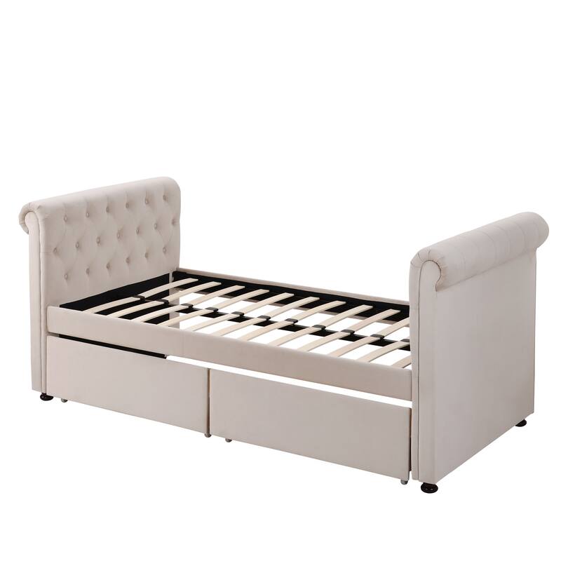 Twin Size Upholstered Daybed with Drawers, Wood Slat Support, No Box Spring Needed