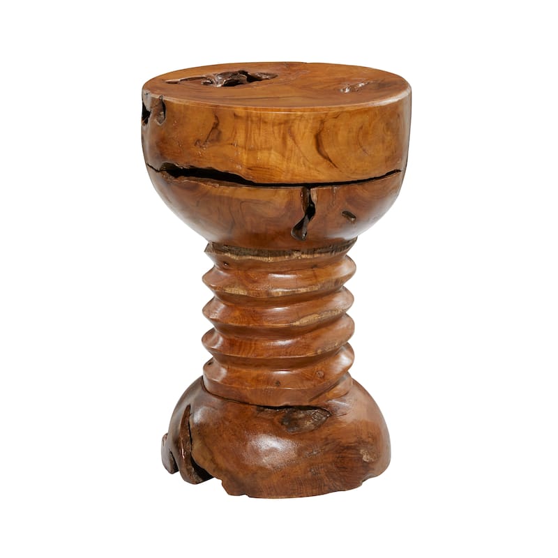 Brown Teak Wood Handmade Live Edge Accent Table with Coiled Base