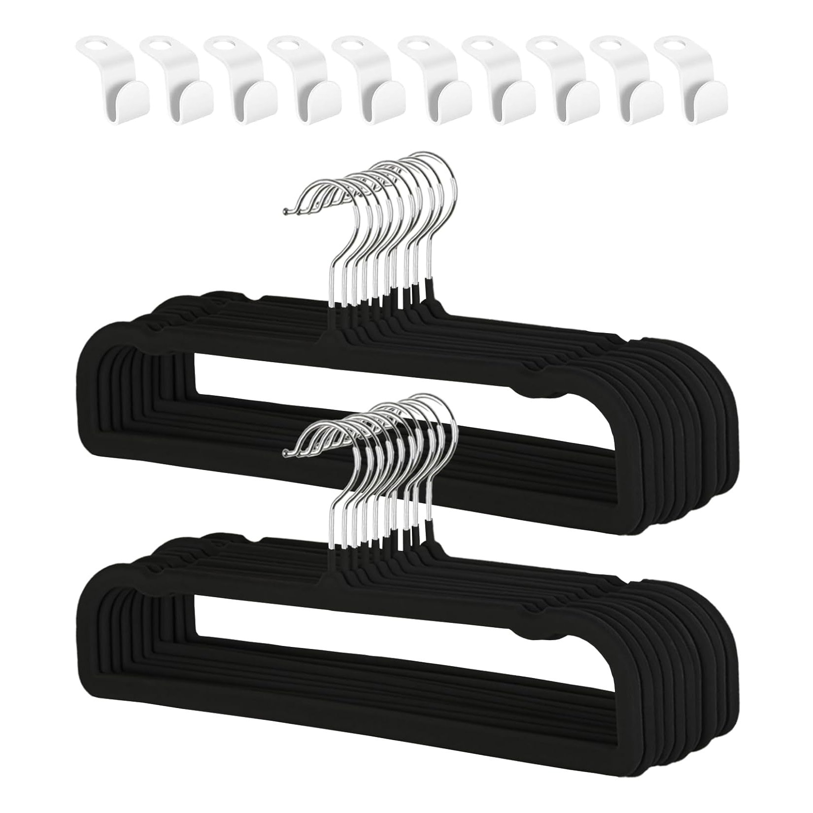 20-Pack Black Non-Slip Velvet Hangers, Space-Saving Pants Hangers with Shoulder Notches, 360° Hooks, 10 Connectors