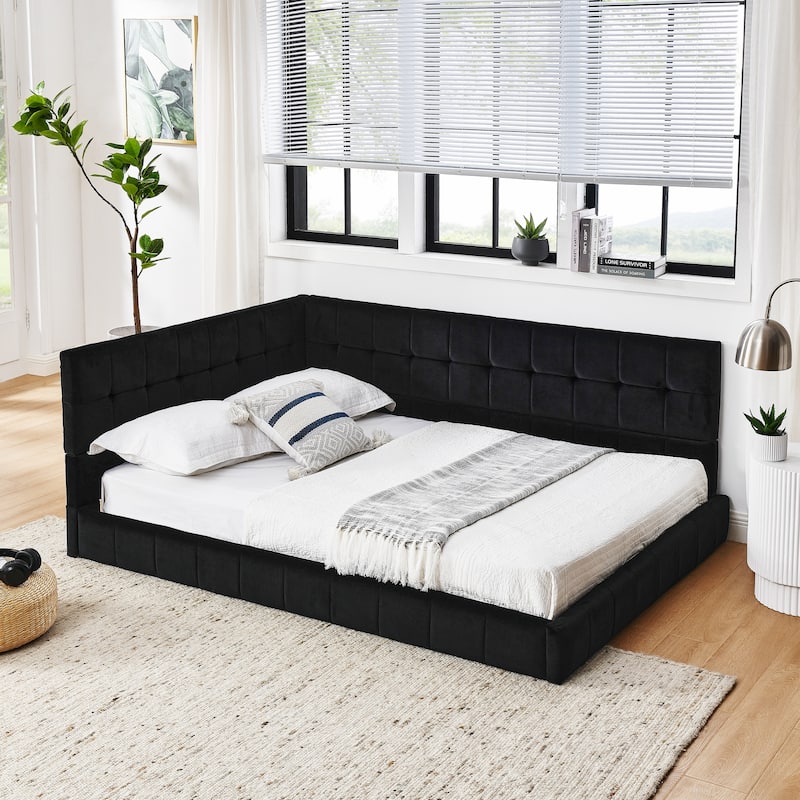 Full Size Daybed Grounded Bed Velvet Upholstered Tufted Bed Frame with L-shaped Backrest & Armrests for Livingroom or Bedroom - Black - Full
