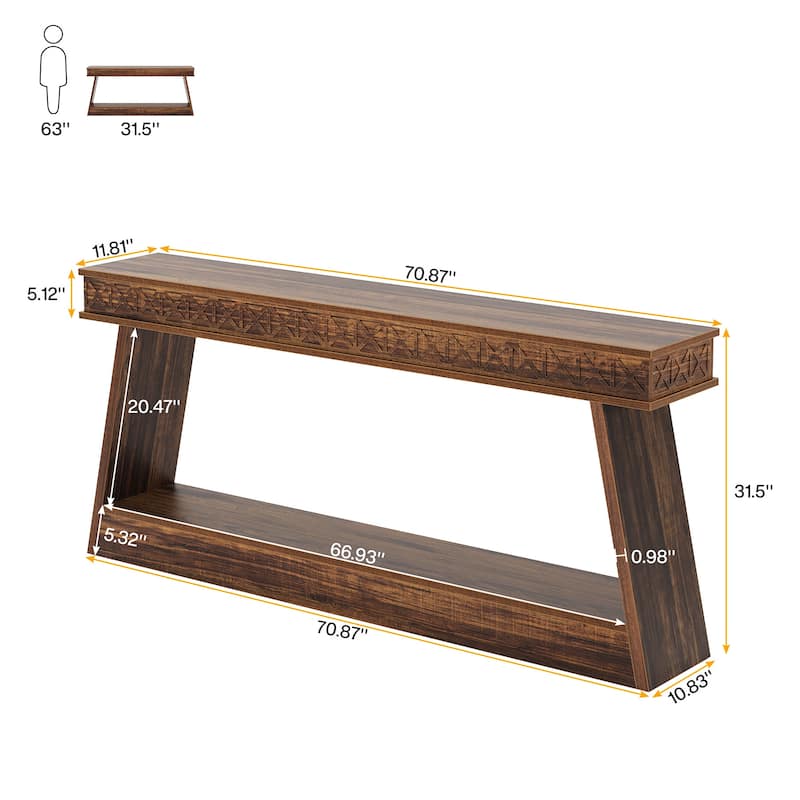 70.8-Inch Extra Long Console Table with Storage Shelf, 2-Tier Farmhouse Entryway Table - 70.87" L x 11.81" W x 31.5" H