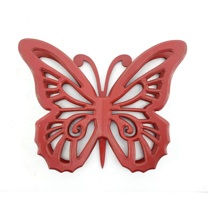 Set of 2 Wooden Butterfly Wall Plaque with Cutout Detail, Red