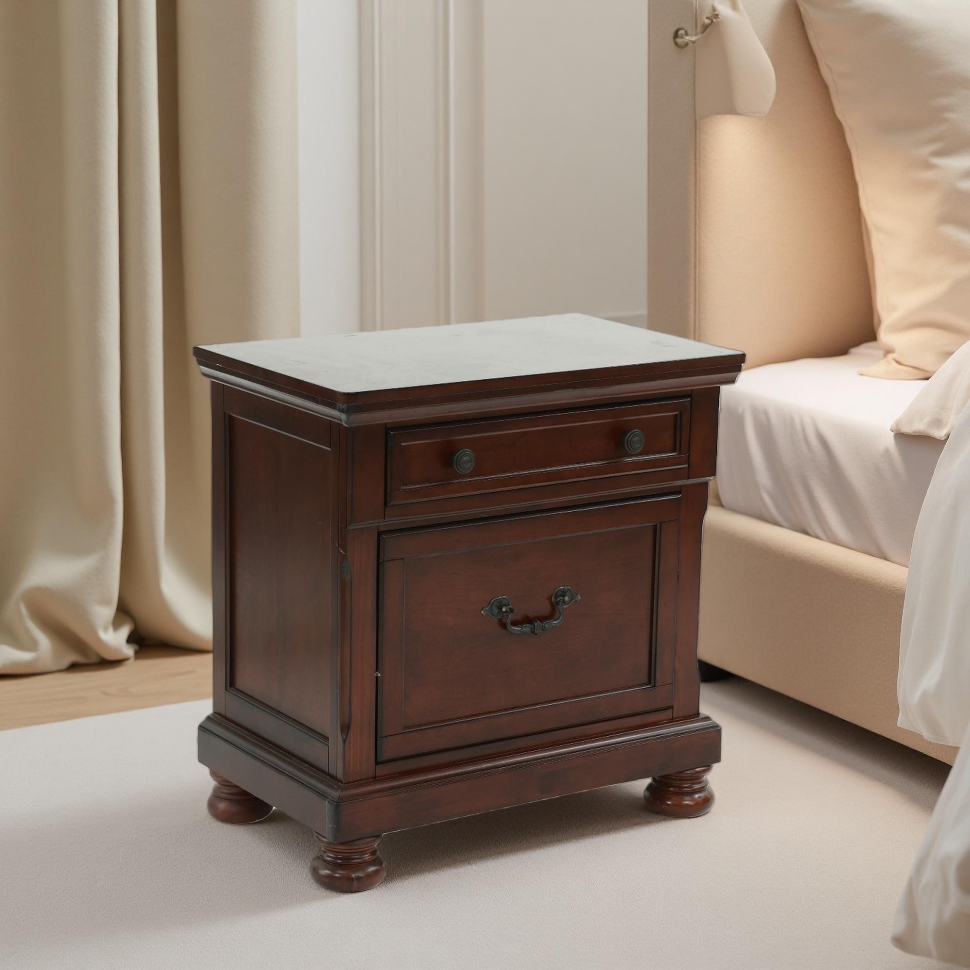 29"L Antique Cherry Wood Nightstand with Two Drawers, Modern Durable Bedside Table, 30" H
