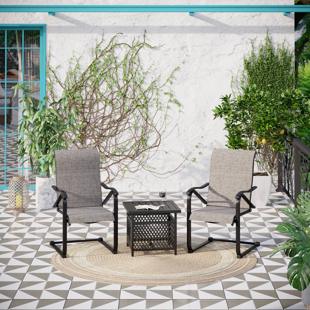 3-Piece Patio Dining Set, Side Metal Table & 2 C Spring Motion Chairs, Conversation Coffee Sets with Umbrella Hole