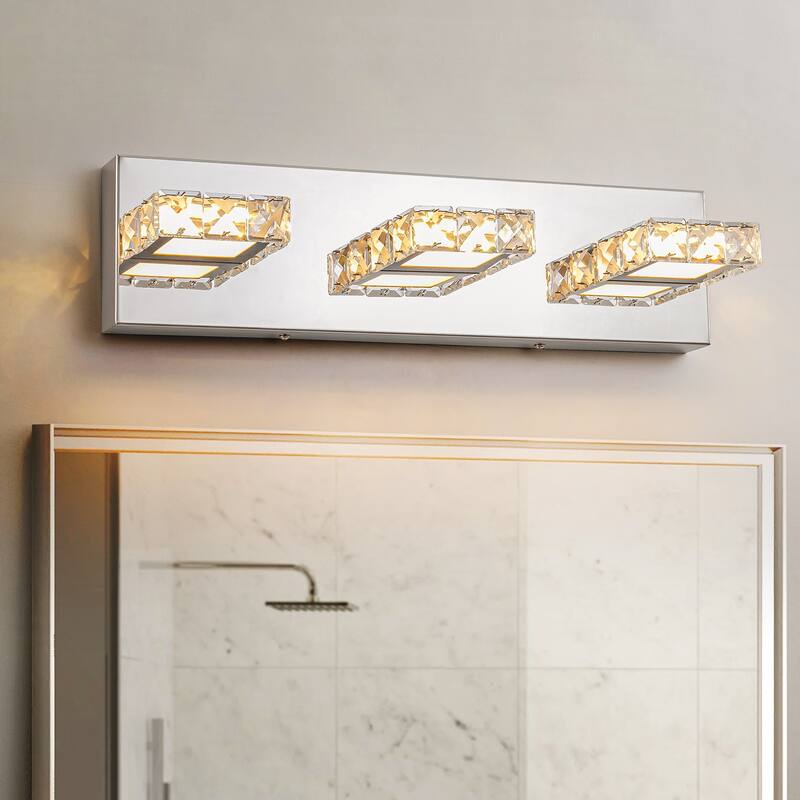 3-Light Modern Chrome Crystal Wall Light Square Integrated LED 3000K Bathroom Vanity Light - Clear Crystal