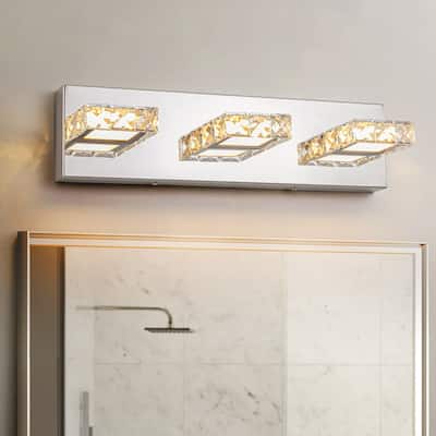 3-Light Modern Chrome Crystal Wall Light Square Integrated LED 3000K Bathroom Vanity Light