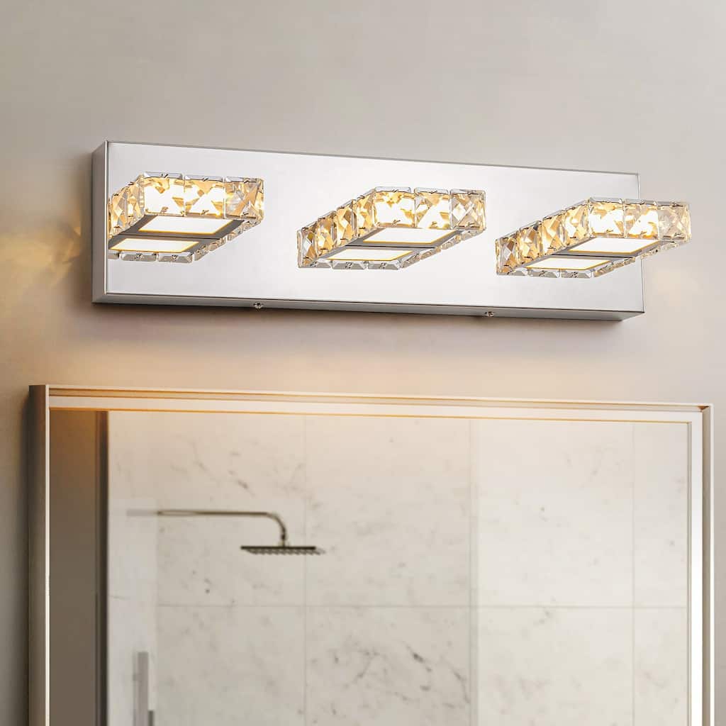 3-Light Modern Chrome Crystal Wall Light Square Integrated LED 3000K Bathroom Vanity Light