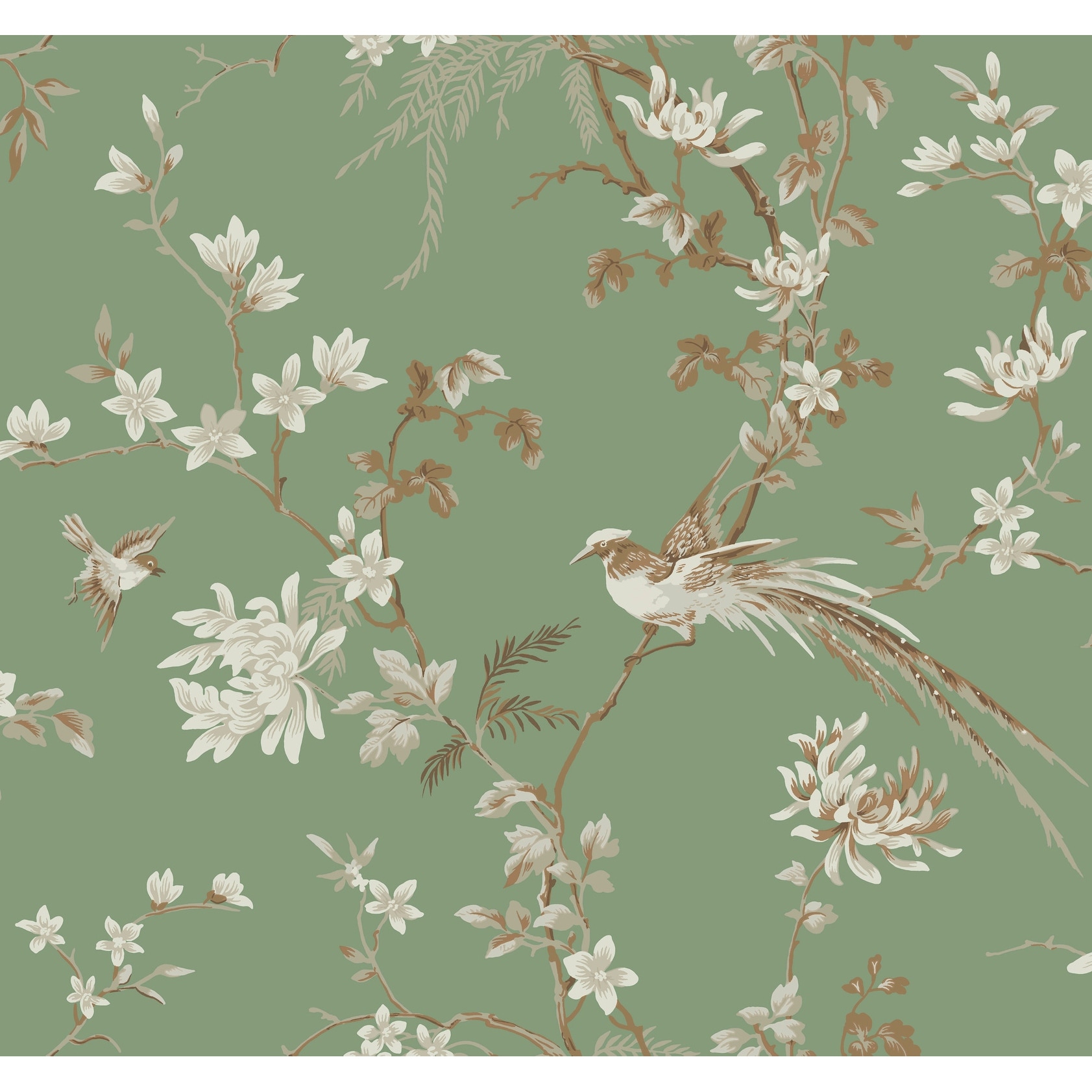 Ronald Redding Bird & Blossom Chinoserie Green Wallpaper