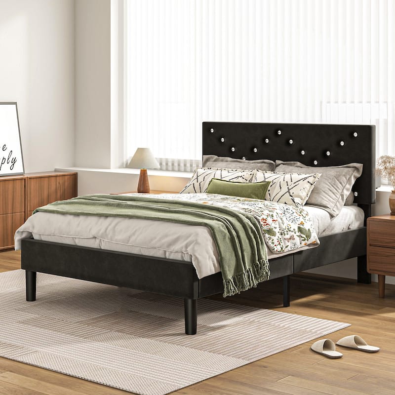 Full Size Modern Platform Bed Frame with Upholstered Headboard & Wooden Slats - No Box Spring Needed, Easy Assembly, Black