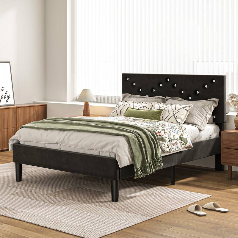 Upholstered Platform Bed, Twin Size, Black with Padded Headboard & Heavy-Duty Metal Frame
