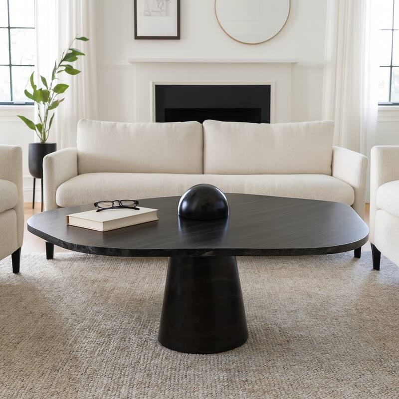 Stylish Marble Coffee Table with Sculptural Pedestal Base - 36", Black - 36.0"