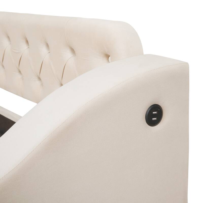 Button Tufted Backrest Daybed, Velvet Upholstered Panel Bed Frame with Storage Armrests, USB Ports on Both Sides