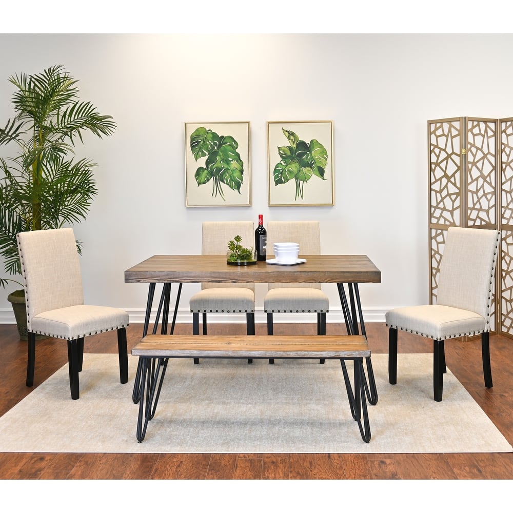 Roundhill Furniture Amisos 6-Piece Dining Set, Hairpin Dining Table with 4 Chairs and a Wood Bench