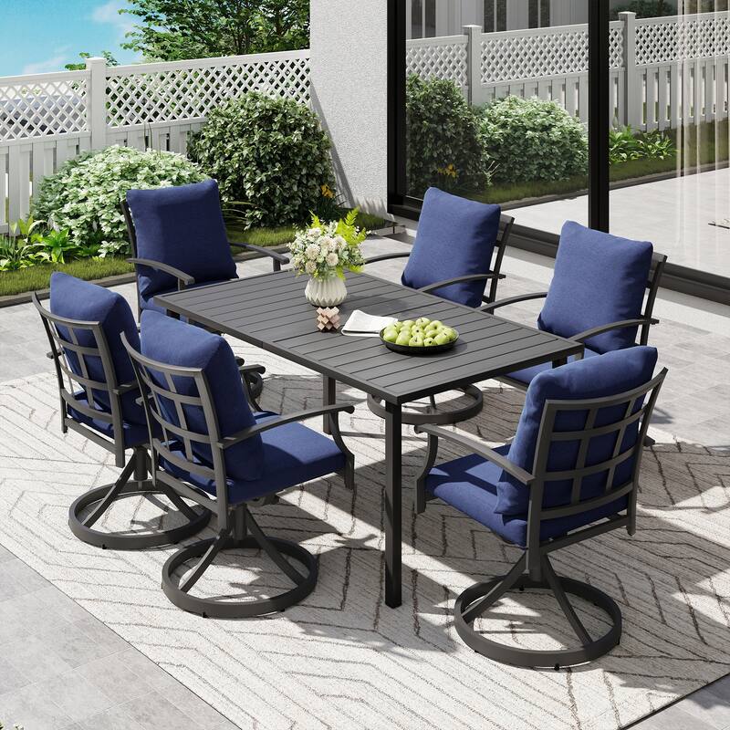 IvyGlow 7-Piece Black Metal Patio Dining Set with Rectangular Table, 6 Swivel Dining Chairs and Gray Cushions