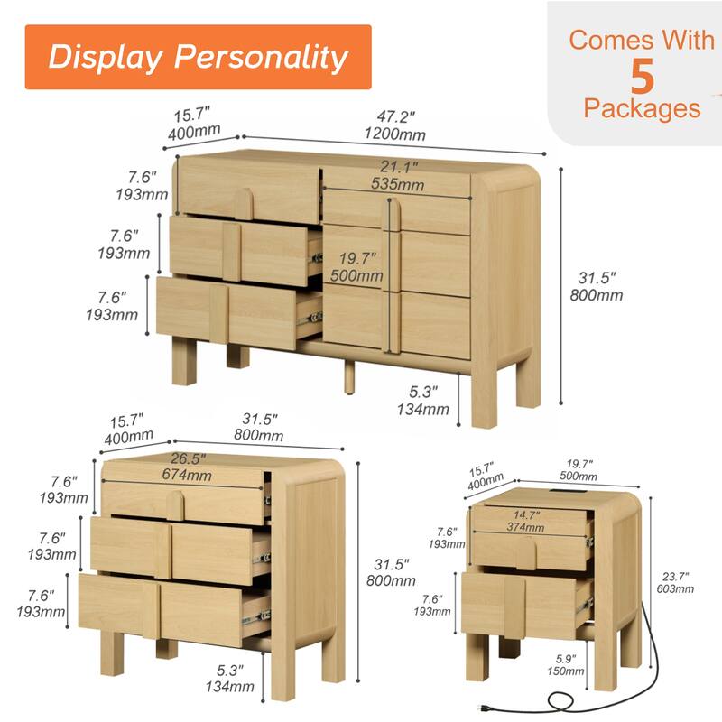 WAMPAT Wooden Dresser And Nightstand Sets, 5 Pcs Bedroom Set, Night Stand Set Of 2, 12 Drawer Dresser With Curved Profile Design