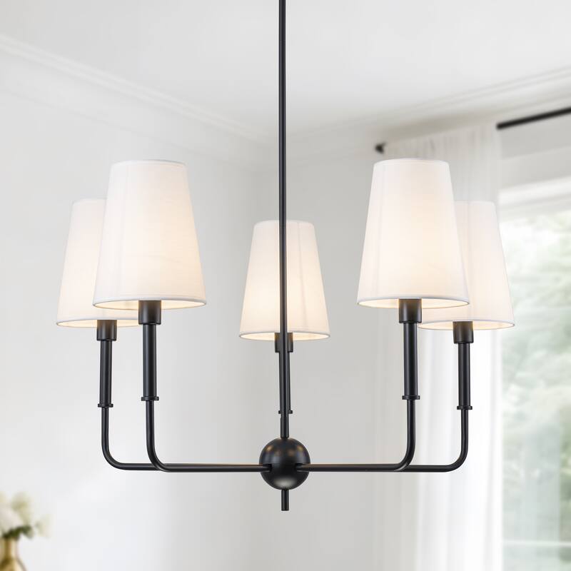 Starsky 5-Light Classic Traditional Chandelier with White Fabric Shades - Black