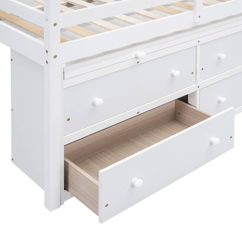 Full Size Loft Bed with Retractable Desk and Storage Drawers, White