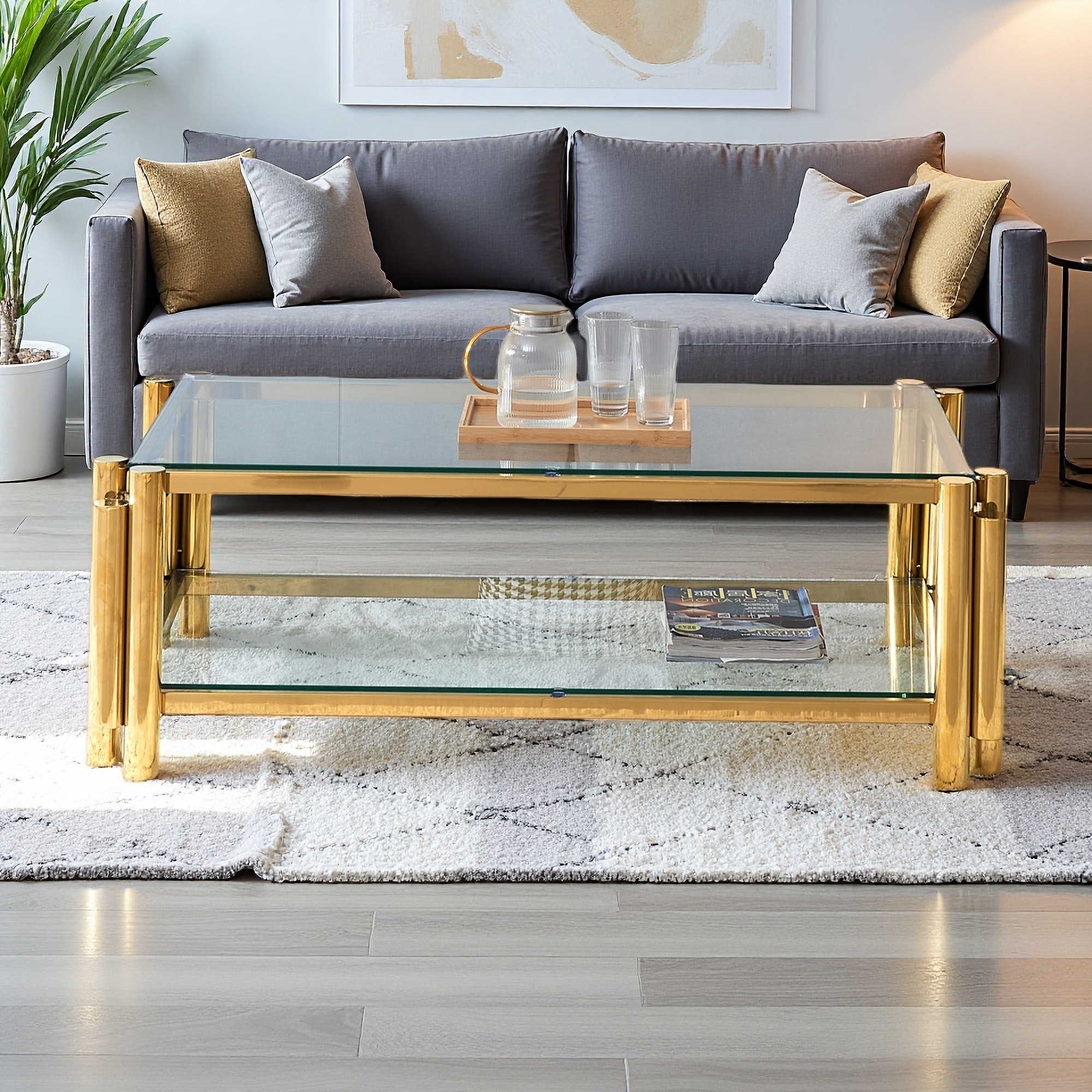 47" Wide Rectangular Stainless Steel Coffee Table with Double Glass Layers