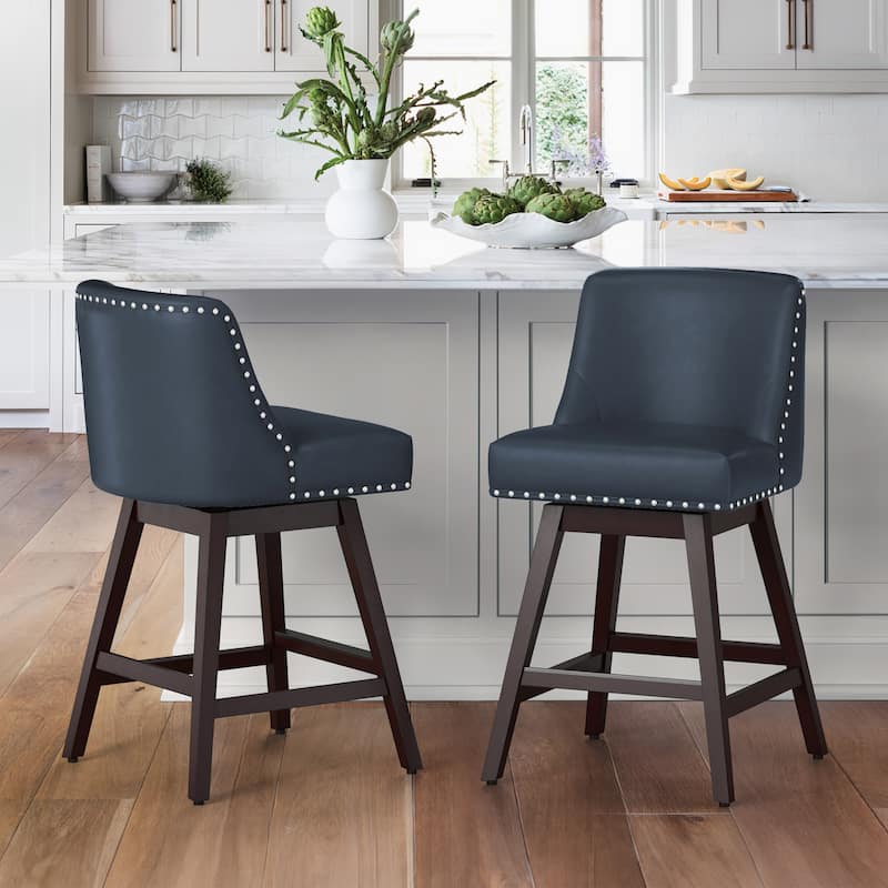 26 in. Counter Height Upholstered Wood Frame Swivel Bar Stool with Farbic Seat Set of 2 - 19.6"D x 19.6"W x 37"H - Navy Blue/Faux Leather