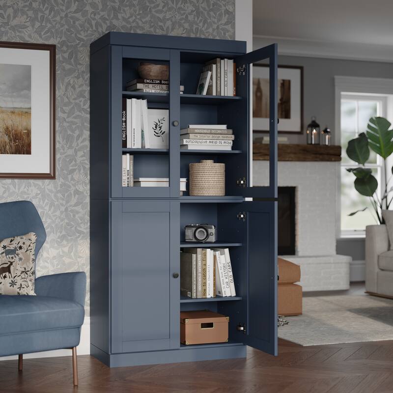 Palace Imports 100% Solid Wood 6-Shelf Bookcase with Clear Glass, Shaker Doors and Adjustable Shelves - Antique Blue