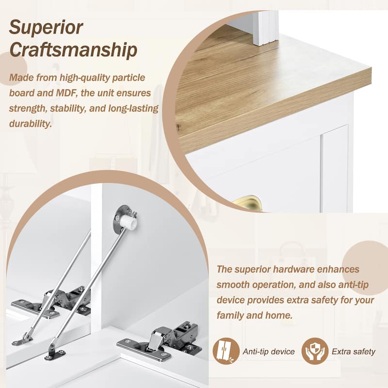 Large LED Hall Tree with 9 Hooks, Roman Column Design Storage Bench with 3 Cabinets, Farmhouse Entryway Organizer with Shelves