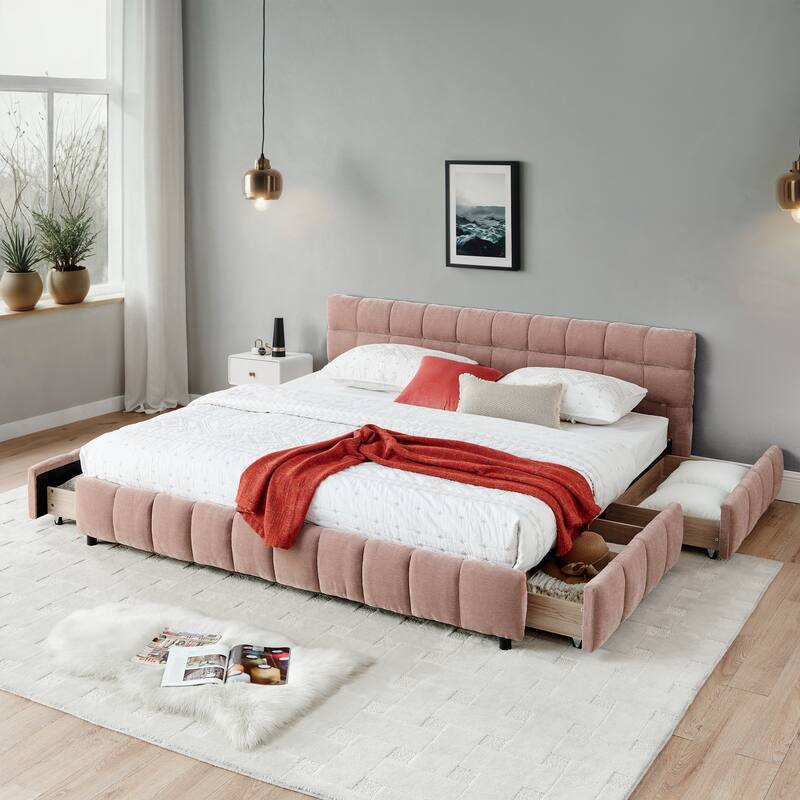 Block Thick Chenille Low Profile Platform Bed Fabric Upholstered Bedframe with Headboard Solid Wood Frame - Optional Storage Bed - Pink with Drawers - California King