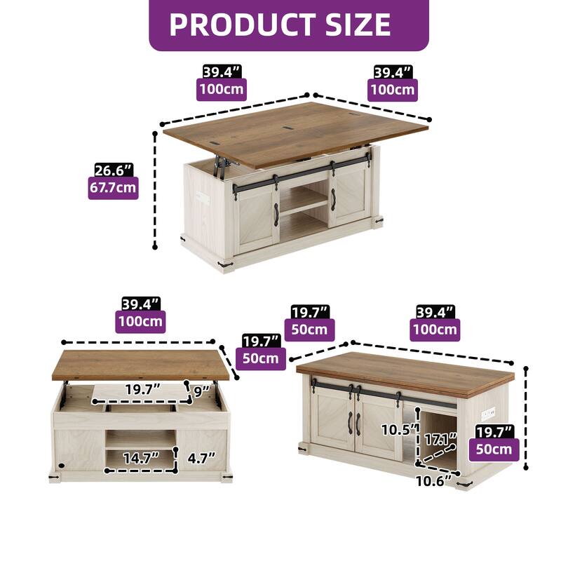 Moasis Farmhouse Lift-Top Coffee Table with Power Outlets, Center Dining Table with Hidden Storage