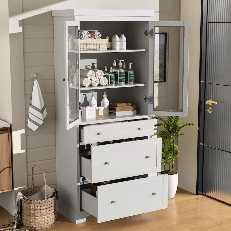 Freestanding Tall Bathroom Cabinet with 2 Adjustable Shelves,3 Drawers,Soft Close Glass Doors