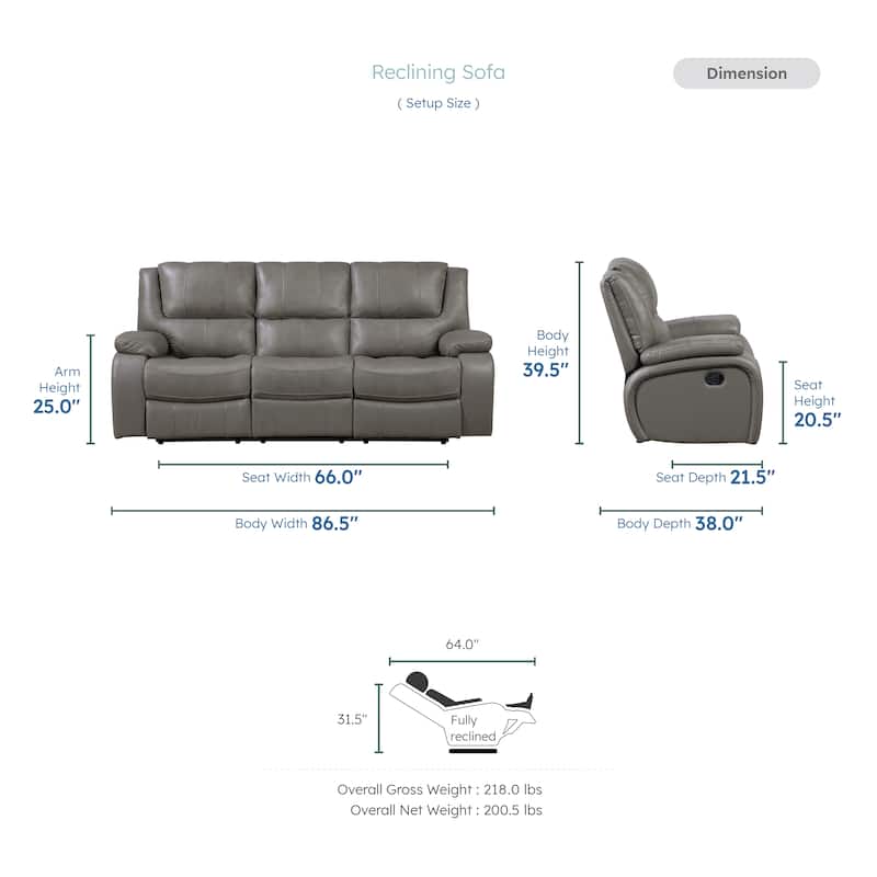 Fremont & Park Baron 86.5" Leather Manual Double Reclining Sofa, Wall Hugger Design
