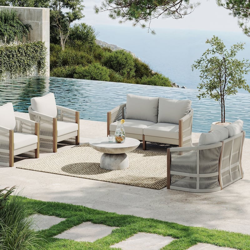 Jagger Farmhouse Patio Seating with Solid Acacia Wood Frame, Cushions, and Rope Accent