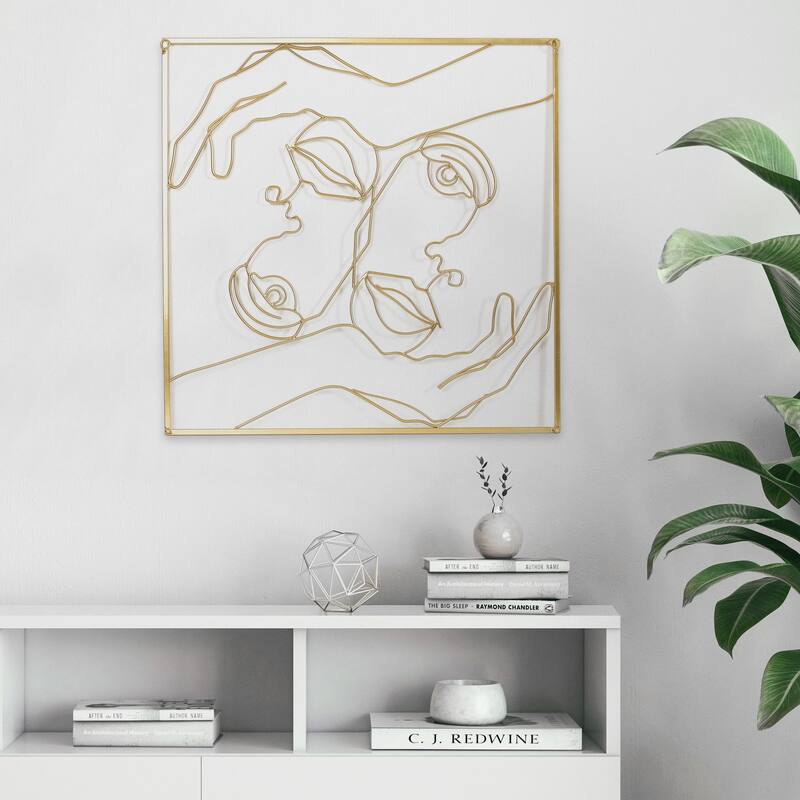 Adeco Metal Square Frame Wall Decor - Golden Abstract Hands and Face