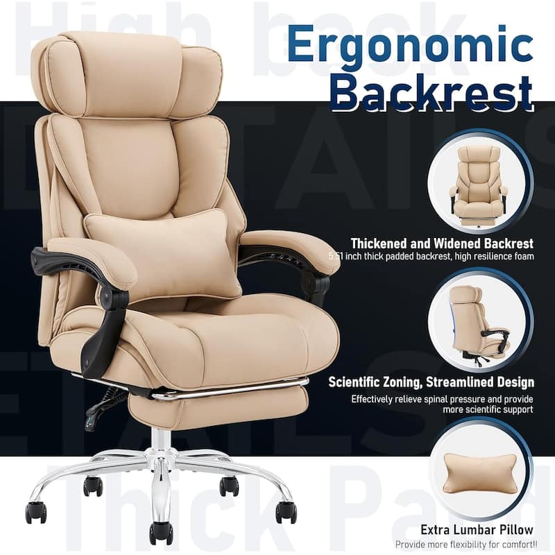 Office Chair with Footrest-Ergonomic Computer Chair with Extra Lumbar Support Pillow, Thick Bonded Leather