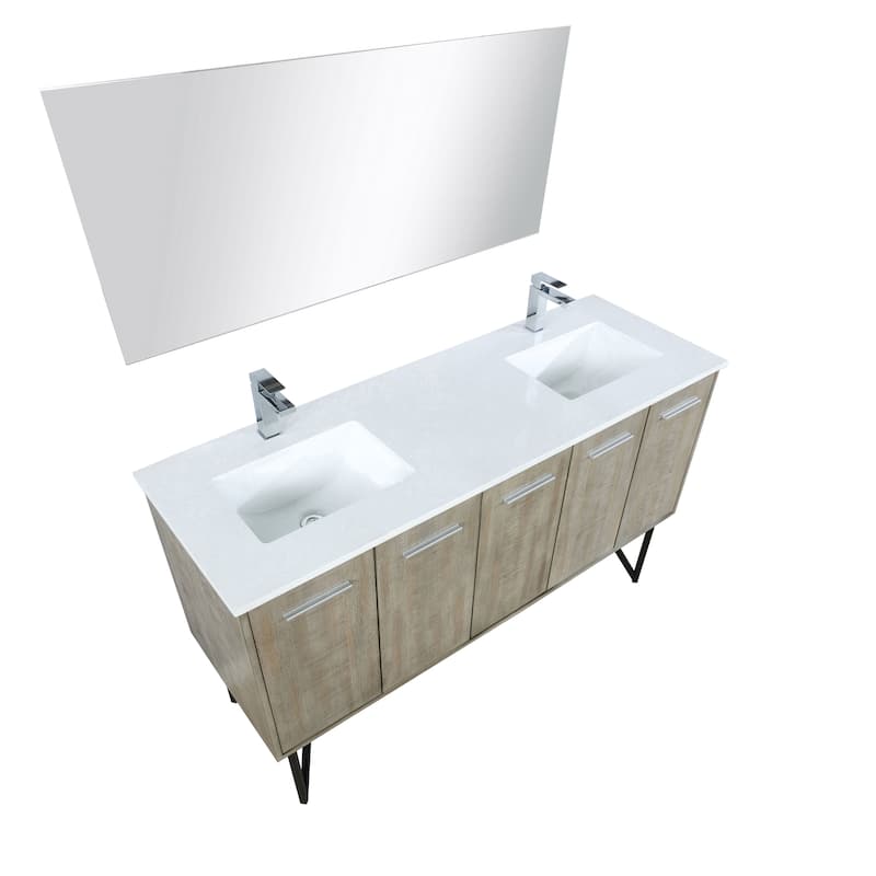Lancy 60 in W x 20 in D Rustic Acacia Double Bath Vanity, White Quartz Top, Brushed Nickel Faucet Set and 55 in Mirror