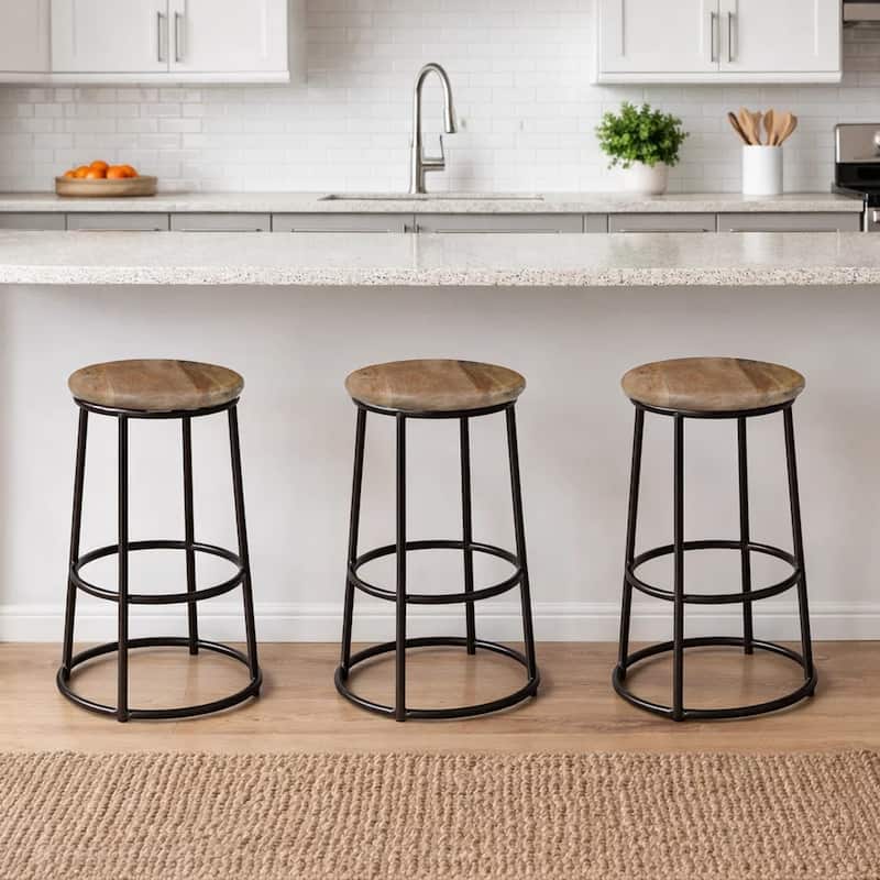24 Inch Mango Wood Counter Height Barstool With Iron Base, Brown And Black