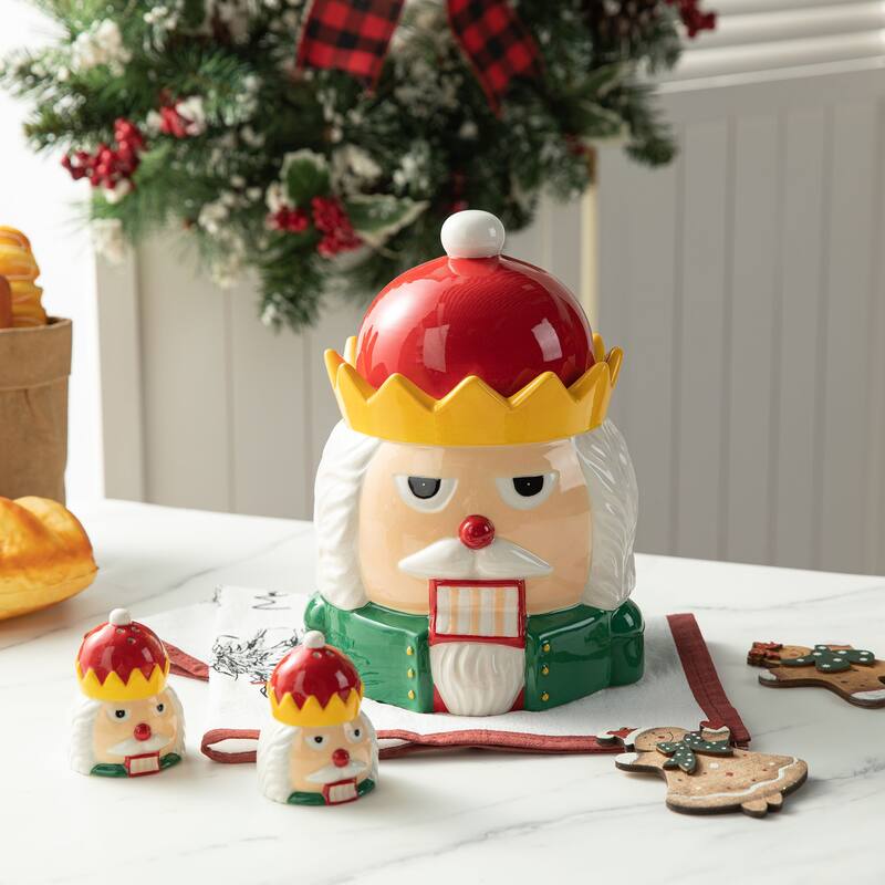 Glitzhome 3 Piece Dolomite Christmas Nutcracker or Tree Cookie Jar Set - White