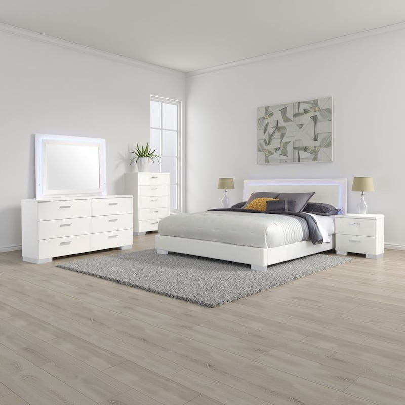 Sok 5pc King Bedroom Set, Blue LED Lights, Faux Leather, White Wood