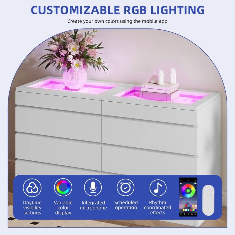 Modern 8-Drawer Dresser Chest Dresser of Drawer Organizers with LED Light High Gloss